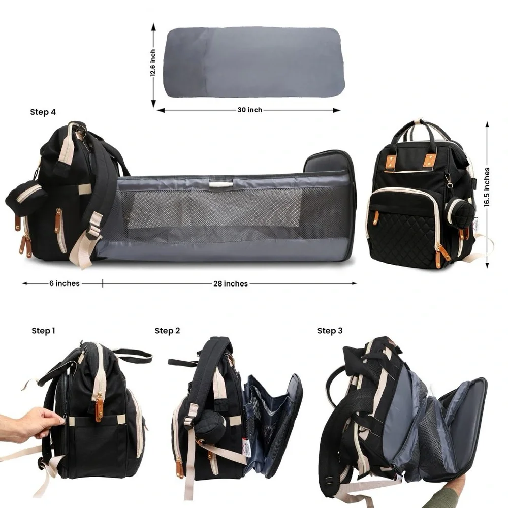 Akshomz Diaper Bag Backpack with Changing Station, Black Tan NEW